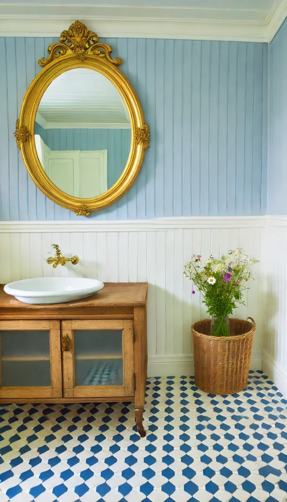 A charming country bathroom with a vintage wooden vanity with a white sink, a hanging oval mirror with a gold frame, and a light blue wall with beadboard paneling. The floor is covered in white and blue mosaic tiles. On the vanity, there is a small bouquet of wildflowers in a glass jar, and a wicker basket underneath holds extra toiletries.