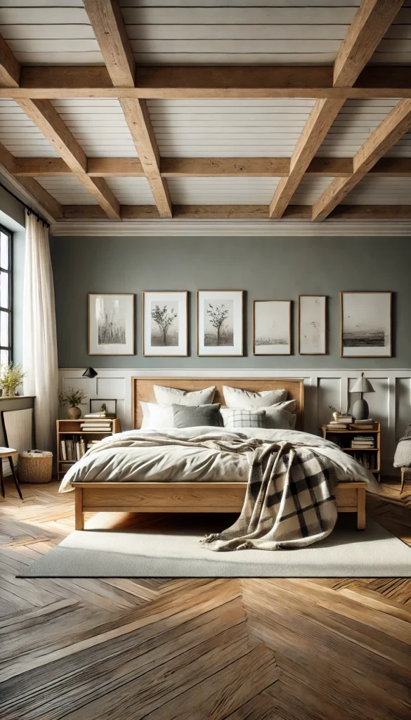 A cozy and serene country-style bedroom with a blend of rustic and modern elements. The room features a large, wooden bed with a minimalist design, dressed in white linens with a plaid throw blanket. The walls are painted in a soft gray and adorned with black-and-white framed photographs, giving the room a modern touch. A wooden nightstand holds a sleek lamp and a stack of books. A large window with sheer curtains allows plenty of natural light, and the floor is hardwood with a simple, light-colored area rug. A small wooden bench at the foot of the bed and a cozy armchair in the corner complete the look, creating a perfect blend of comfort and style.