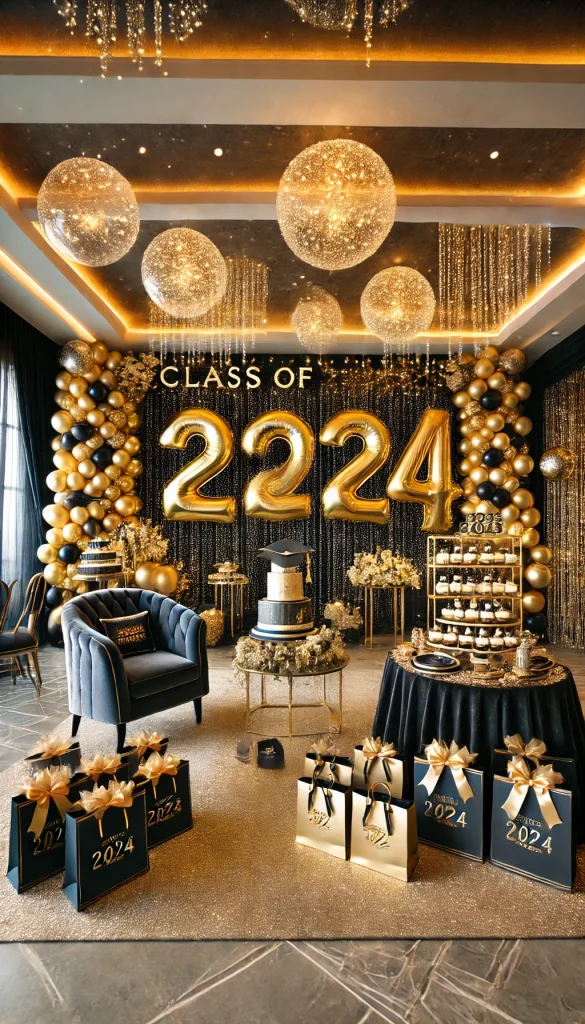 A glamorous graduation party setup indoors with a luxurious black-and-gold theme. The decorations feature large, shimmering gold number balloons of the graduation year placed behind an elegant seating area with velvet chairs. There are black-and-gold gift bags on the floor beside the seating, filled with personalized gifts. On a nearby table, there's a tiered cake with gold accents and graduation hat-shaped cupcakes. The walls are decorated with glittery streamers and a custom 'Class of 2024' sign in sparkling lights. The lighting is soft and golden, creating an elegant and sophisticated atmosphere.