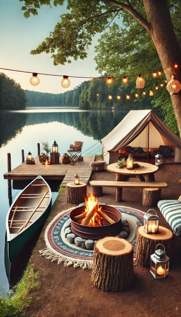 A lakeside campsite with a large tent set up near the water, featuring a dock with a canoe and a picnic table with lanterns and blankets. The fire pit is surrounded by logs and comfortable seating, with string lights hanging from nearby trees. The calm water and nature setting make it an ideal place for serene campsite decorating ideas.