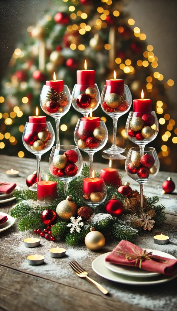 A DIY Christmas table decoration featuring a cluster of wine glasses turned upside down, with Christmas ornaments like red and gold baubles placed inside the glass cups. The stems of the glasses are used as candle holders with red candles lit on top. The table is sprinkled with faux snow, tiny snowflakes, and evergreen sprigs, creating an elegant and festive setting. The background should have a soft bokeh effect with Christmas lights for a warm holiday feel.