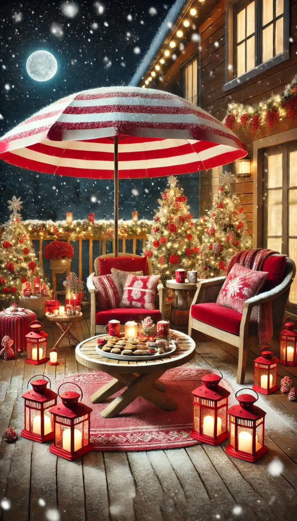 A festive Christmas patio with a large red and white striped umbrella, surrounded by cozy chairs with red velvet cushions. There’s a small wooden table in the center with a tray of Christmas cookies and hot cocoa mugs. Decorated mini Christmas trees are placed around the patio, and red lanterns with candles are scattered on the ground. Snowflakes are gently falling, and a garland of pine and berries is draped over the patio railing.