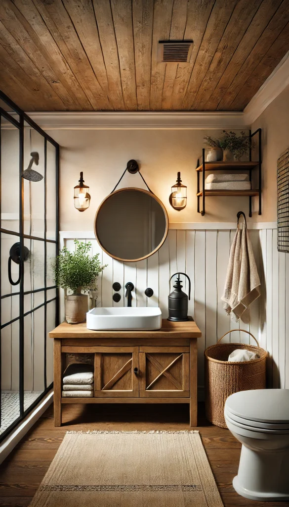 A small modern bathroom with a rustic farmhouse style. The bathroom features a wooden vanity with a white farmhouse sink, black matte fixtures, and a round mirror with a distressed wood frame. The shower has a black metal-framed glass door, and the walls are adorned with white shiplap. Decorative elements include a small vintage lantern, a woven basket with towels, and a small green plant. The lighting is warm, creating a cozy, inviting, and rustic ambiance.