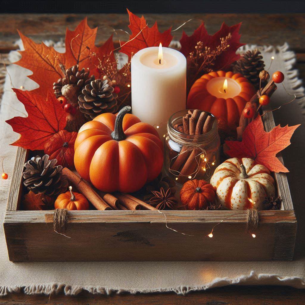 An autumn-themed tray with a vintage wooden base, decorated with mini pumpkins, pinecones, cinnamon sticks, and a few orange and red maple leaves. Add a couple of white pillar candles and a small glass jar filled with fairy lights to create a warm, cozy look.