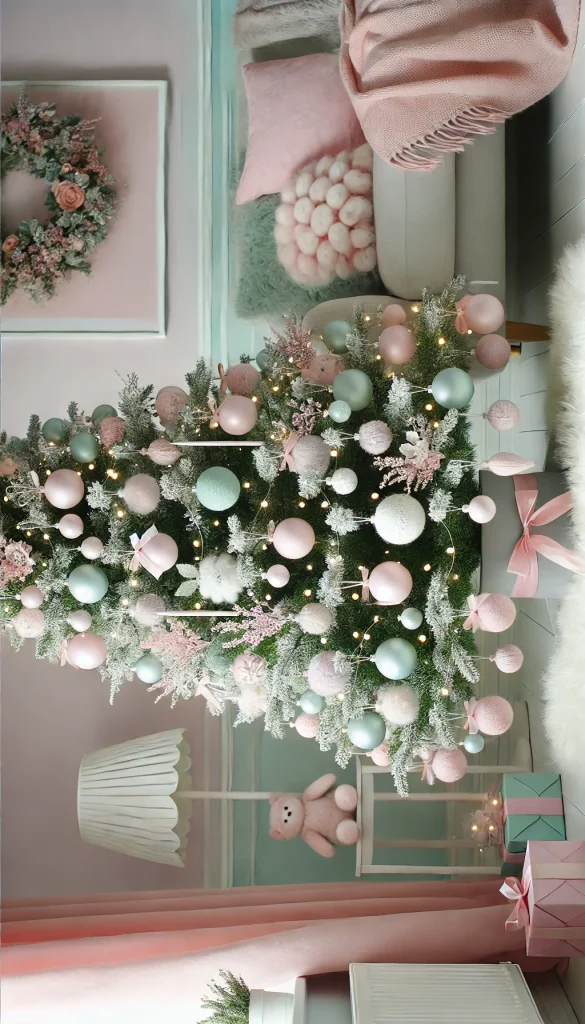 A simple Christmas tree decorated with soft pastel-colored ornaments like pink, lavender, and mint green baubles, and light pink ribbons. The tree has a whimsical, dreamy aesthetic with soft white lights, set in a modern living room with a pastel-themed decor and a fluffy white rug.