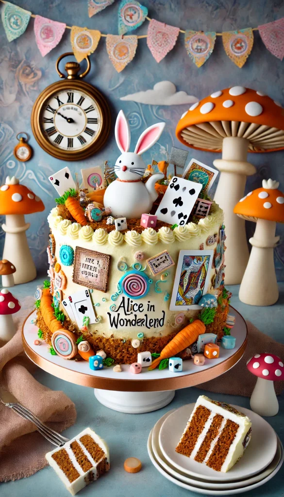A whimsical carrot cake inspired by Alice in Wonderland, decorated with playful, quirky elements. The cake is frosted with cream cheese icing and features a topsy-turvy design, with each layer slightly askew. The top is adorned with a small fondant teapot, playing cards, and a tiny white rabbit. The sides are decorated with whimsical patterns and colors, and the cake is set against a fantasy-themed background with oversized mushrooms and a pocket watch, capturing the magical essence of Wonderland.