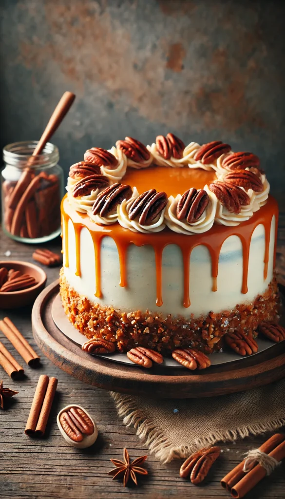 A gourmet carrot cake decorated with a caramel drip and roasted pecans. The cake is frosted with a rich cream cheese icing, with a luxurious caramel sauce dripping down the sides. The top is adorned with a generous layer of roasted pecans and a light dusting of sea salt. The cake is placed on a wooden cake stand with a rustic background, featuring elements like cinnamon sticks and whole pecans for a warm, cozy atmosphere.