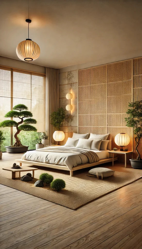 A serene master bedroom with a Zen-inspired design. Features a low platform bed with white and beige bedding, a bamboo accent wall, two wooden bedside tables with small Zen rock gardens, a large bonsai tree in the corner, a woven jute rug, and soft, warm lighting from paper lantern-style lamps. Natural light from a large window with sheer bamboo blinds.