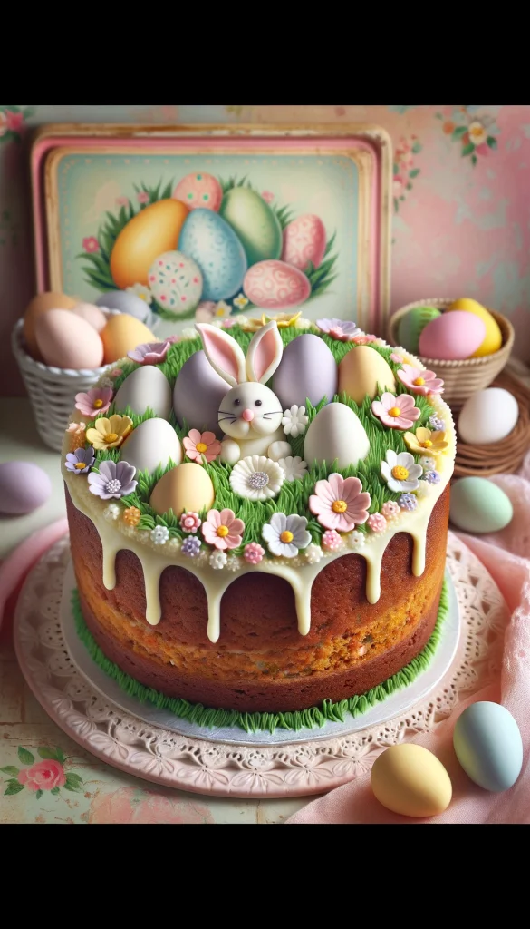 A vintage Easter-themed carrot cake decorated with classic pastel-colored Easter eggs and a small fondant bunny. The cake is frosted with a rich cream cheese icing and adorned with piped flowers in soft colors like pink, yellow, and lavender. The top of the cake features an arrangement of fondant Easter eggs nestled in edible grass, with a cute bunny peeking out. The cake is set against a nostalgic, pastel-colored background with vintage Easter decorations.