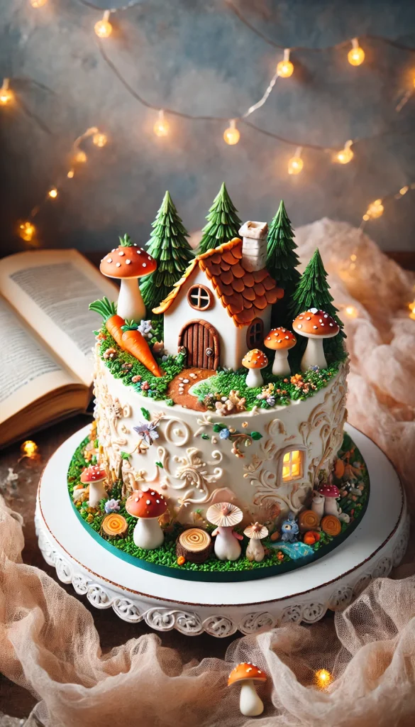 A whimsical, storybook-inspired carrot cake decorated with elements from a fairy tale. The cake is frosted with a cream cheese icing, and the top features a small fondant cottage, surrounded by tiny fondant trees, mushrooms, and woodland creatures. The sides are adorned with intricate piped details that resemble vines and flowers. The cake is set against a background with soft, dreamy lighting and elements like an open storybook and twinkling fairy lights.