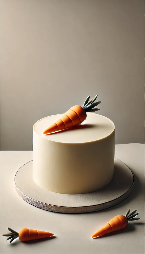 A minimalist carrot cake with a modern design, featuring a simple, sleek presentation. The cake is frosted with a smooth, even layer of cream cheese icing, and the top is adorned with a single, perfectly crafted fondant carrot, placed off-center. The sides of the cake are clean with no additional decorations. The background is a minimalist setting with neutral colors, highlighting the cake's modern, understated elegance.