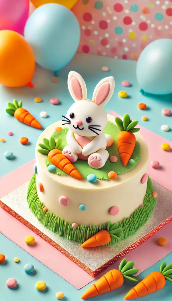 A playful carrot cake designed for a child's birthday, featuring a cute bunny theme. The cake is frosted with a light cream cheese icing, and the top is decorated with a fondant bunny, sitting among fondant carrots and grass. The sides are adorned with small, colorful candy dots. The cake is placed on a cheerful, brightly colored background with balloons and confetti, perfect for a fun and festive celebration.