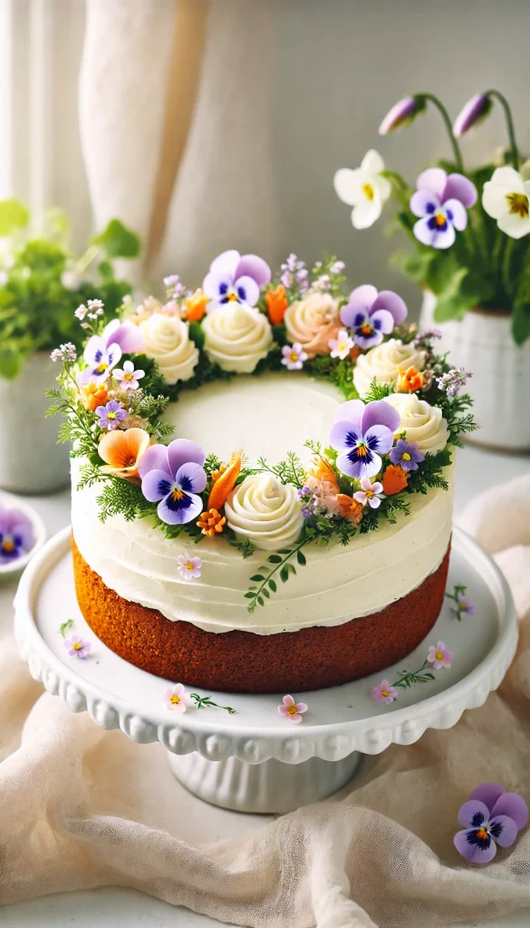 A simple yet elegant carrot cake decorated with a fresh, spring-inspired theme. The cake is frosted with a smooth cream cheese icing and topped with a wreath of edible flowers, such as pansies and violets, in soft pastel colors. There are also a few delicate carrot shavings placed on top. The cake is set on a white ceramic cake stand, with a light and airy background featuring fresh greenery and a touch of sunlight.