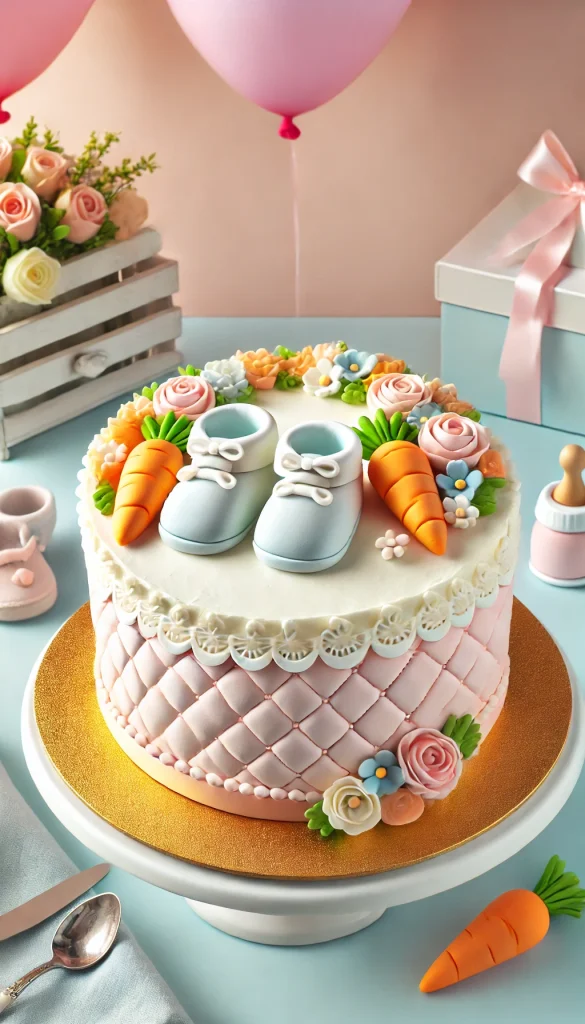 A carrot cake designed for a baby shower, decorated with pastel-colored elements. The cake is frosted with a light cream cheese icing, and the top features a cute arrangement of fondant baby booties, tiny carrots, and soft-colored flowers. The sides are decorated with a subtle, quilted pattern in pastel shades like baby blue and pink. The background includes baby-themed props such as rattles and soft toys, creating a sweet and joyful atmosphere.
