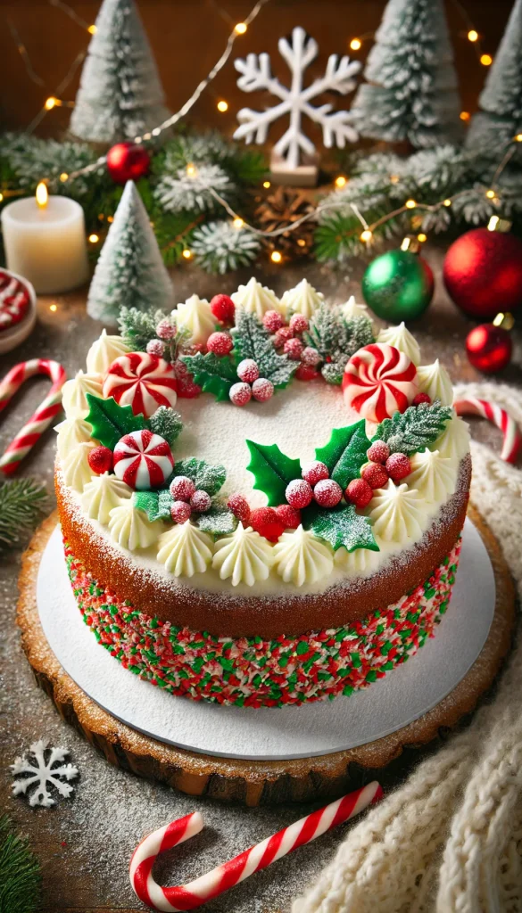 A festive carrot cake decorated for the holiday season. The cake is covered in cream cheese frosting and topped with red and green sprinkles, small fondant holly leaves, and berries. There are also miniature candy canes and a dusting of powdered sugar to resemble snow. The cake is set against a cozy, winter-themed background with twinkling lights and pine branches, evoking a warm holiday atmosphere.