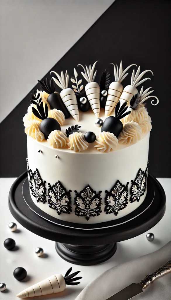 A sophisticated, monochrome carrot cake decorated with elegant black and white details. The cake is covered in a smooth, white cream cheese frosting, and the top is adorned with black fondant carrots, white chocolate curls, and a few edible silver pearls. The cake is placed on a black cake stand, with a black and white background that emphasizes the cake's chic, modern design.