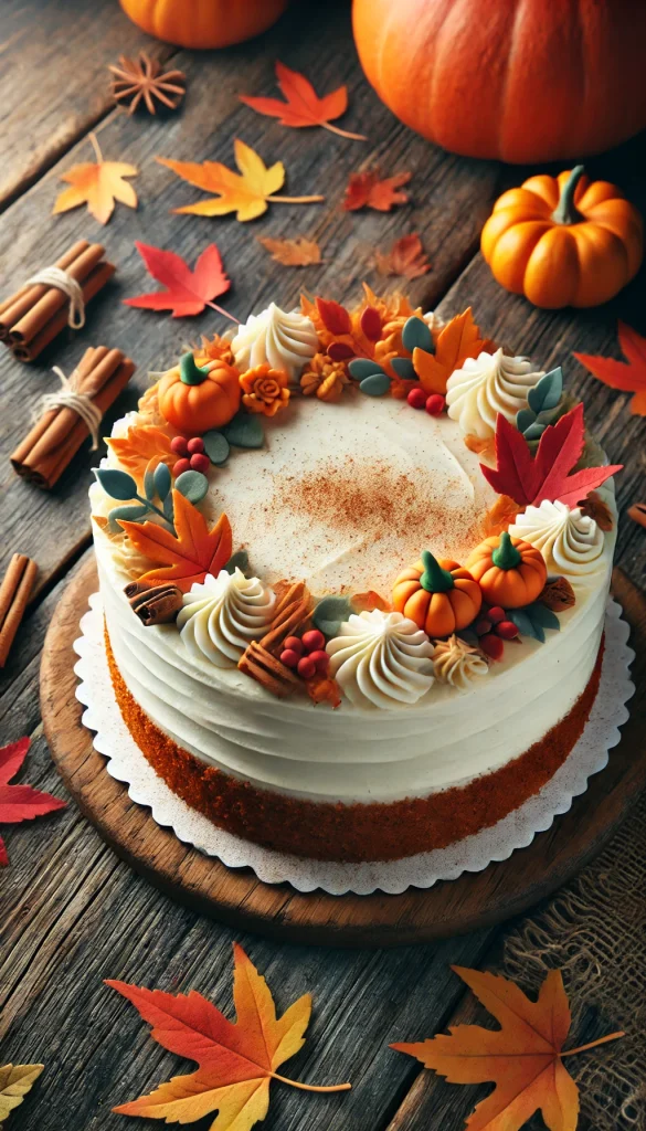 A seasonal carrot cake decorated with autumn-themed elements. The cake is frosted with a cream cheese icing and adorned with small fondant pumpkins, leaves in warm colors like orange and red, and a dusting of cinnamon on top. The cake is set against a rustic wooden background with scattered autumn leaves and cinnamon sticks, evoking a cozy, fall atmosphere.