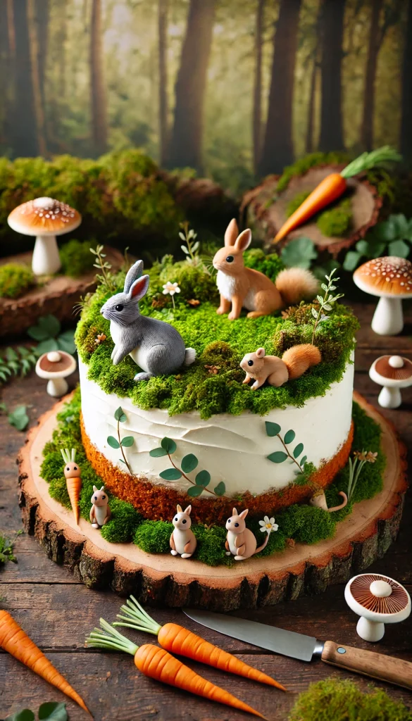 A nature-inspired carrot cake decorated with edible moss and small woodland creatures. The cake is covered with a layer of cream cheese frosting, and the top is adorned with realistic-looking edible moss, along with fondant animals like rabbits and squirrels. There are also small fondant mushrooms and leaves placed around the cake to enhance the woodland theme. The background is set in a forest-like environment, with earthy tones and natural textures.