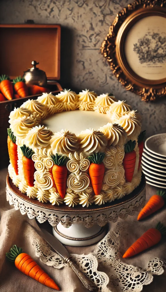 A vintage-inspired carrot cake decorated with classic buttercream swirls and piped borders. The cake is covered in a rich cream cheese frosting with detailed piping in a traditional style. The top of the cake features a ring of buttercream carrots, with a decorative pattern around the sides. The cake is displayed on an ornate cake stand, and the background includes vintage props like a lace doily and antique silverware, evoking a nostalgic, old-fashioned charm.