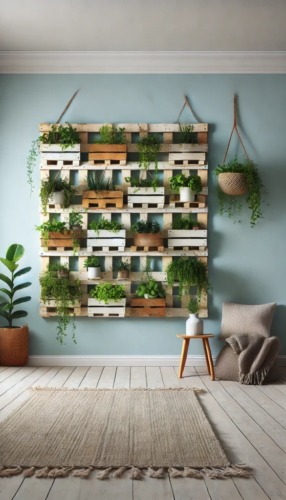 A DIY room decor idea with a hanging garden made from repurposed wooden pallets. The pallets are vertically mounted on the wall, painted white, and hold a variety of small potted plants and herbs. The greenery adds a refreshing touch to the room, contrasting with a light blue background wall. The floor has a cozy woven rug.