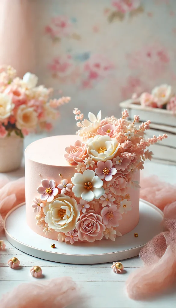 A romantic and floral-themed carrot cake decorated with delicate, pastel-colored flowers made from buttercream. The cake is frosted with a smooth, light pink cream cheese frosting, and the flowers are arranged in a cascading pattern from the top to the sides. Small gold pearls are sprinkled among the flowers for an extra touch of elegance. The background is a soft, dreamy setting with a pastel color palette, perfect for a wedding or anniversary celebration.