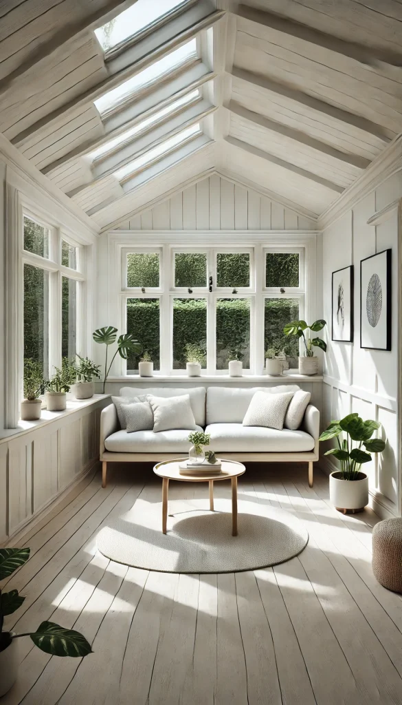 A small sunroom with a minimalist Scandinavian design. The room features a simple white sofa with light grey cushions, a round wooden coffee table, and a few potted green plants. The walls are painted a crisp white, and large floor-to-ceiling windows provide plenty of natural light. The floor is light wood, and a cozy wool rug adds texture. A few simple black and white framed artworks hang on the walls, enhancing the serene and clean aesthetic.