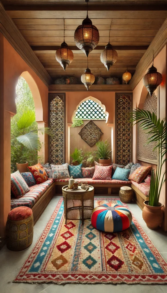 A small sunroom with a Moroccan-inspired style. The room features a low seating area with colorful Moroccan cushions and poufs, a small brass tray table with intricate designs, and a vibrant patterned rug. The walls are painted in a warm terracotta color with arched windows that have wooden lattice screens. Lanterns hang from the ceiling, casting soft light, and a few large potted palms add a lush, exotic feel.