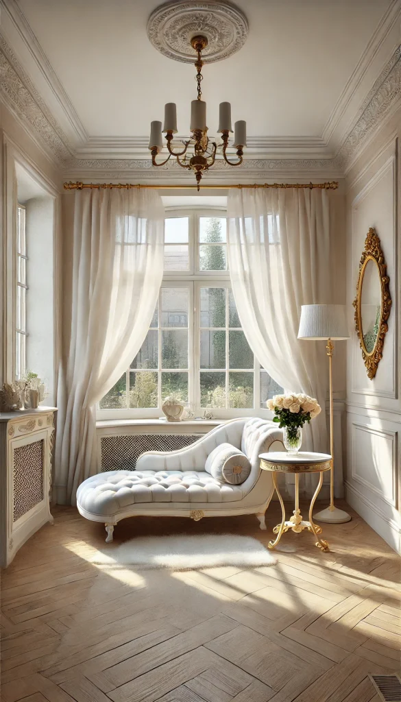 A small sunroom with a Parisian chic style. The room features a white tufted chaise lounge, a round marble side table with a golden base, and a classic floor lamp with a white shade. The walls are painted in a soft pastel color with large French windows draped with sheer white curtains. A small decorative fireplace with a mirror above it adds elegance, and a vase with fresh roses brings a romantic touch.