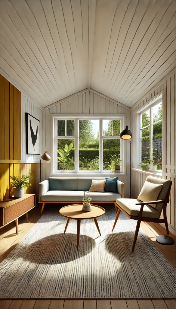 A small sunroom with a mid-century modern style. The room features a sleek, low-profile sofa with tapered wooden legs, a round wooden coffee table with a minimalist design, and a classic mid-century armchair with fabric upholstery. The walls are white with a bold accent wall in mustard yellow, and large windows allow natural light to fill the space. A few potted plants and a vintage floor lamp complete the retro-modern look.