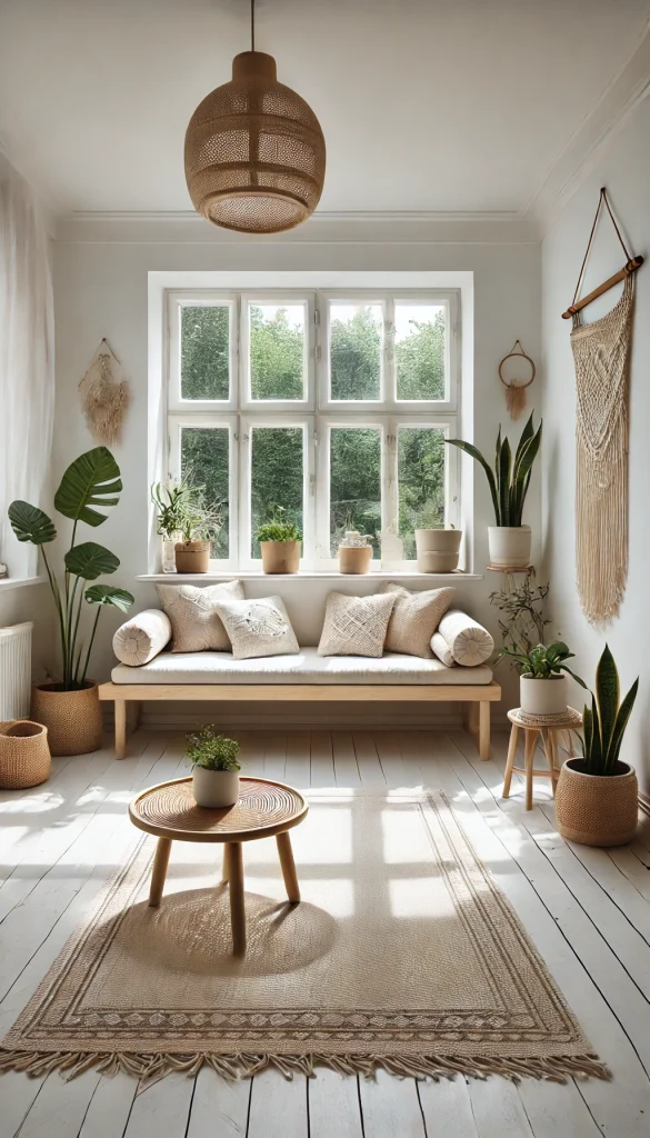 A small sunroom with a bohemian minimalist style. The room features a simple low-profile daybed with white and beige cushions, a woven rattan coffee table, and a few potted plants in white ceramic pots. The walls are white with large windows letting in plenty of natural light. The floor is covered with a light woven rug, and a macrame wall hanging adds a bohemian touch to the minimalist decor.