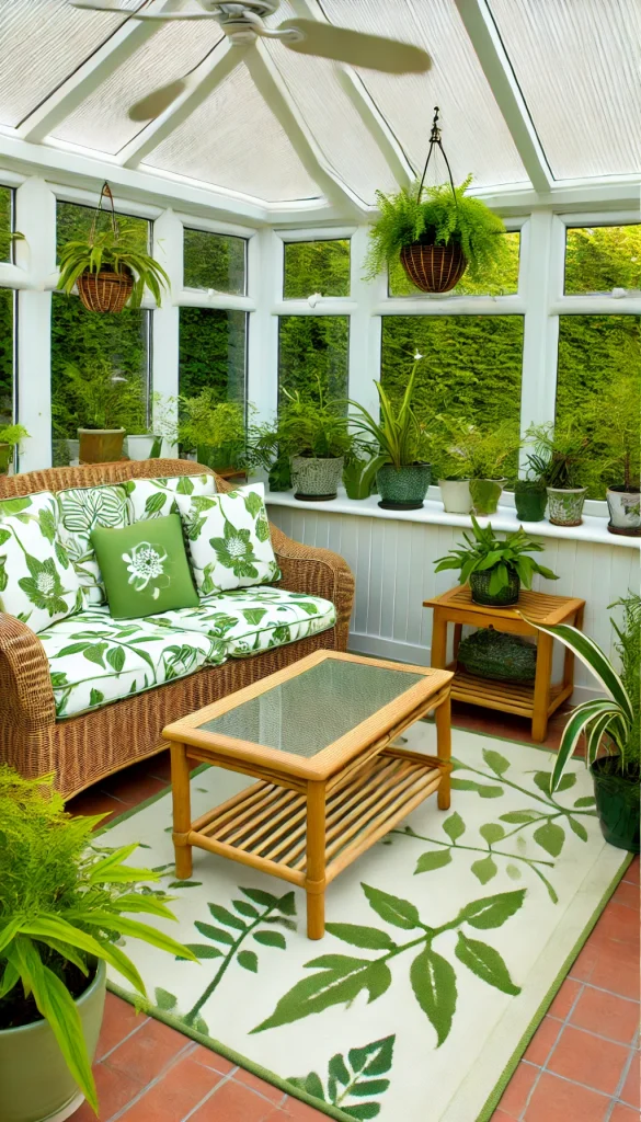 A small sunroom with a botanical theme. The room features a wicker sofa with green and white botanical print cushions, a wooden coffee table with a glass top, and several potted plants of different sizes, including ferns and palms. The walls are white with large windows that allow in plenty of natural light. A bamboo shelf holds more plants, and a botanical print rug adds to the lush, green atmosphere.
