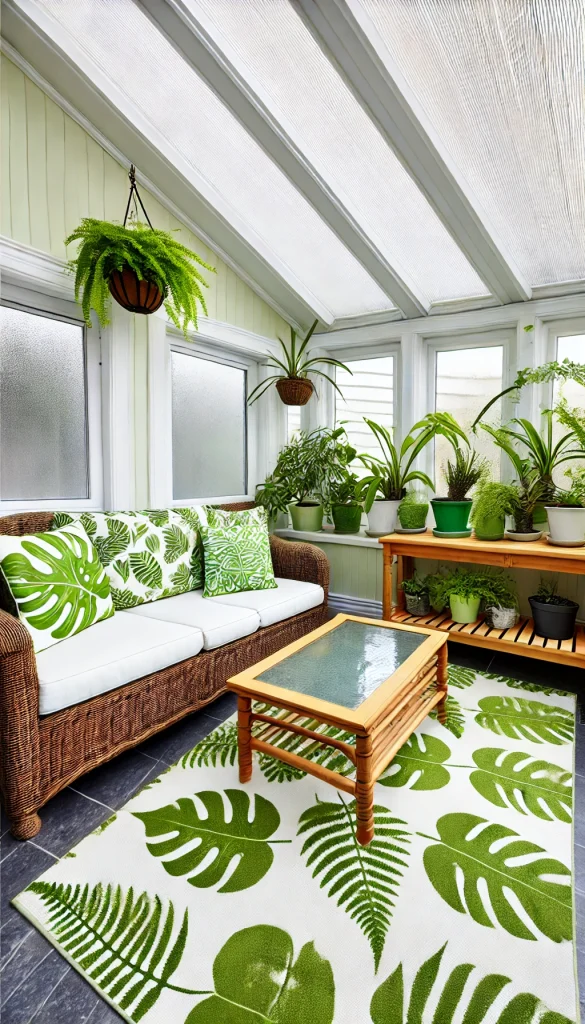 A small sunroom with a botanical theme. The room features a wicker sofa with green and white botanical print cushions, a wooden coffee table with a glass top, and several potted plants of different sizes, including ferns and palms. The walls are white with large windows that allow in plenty of natural light. A bamboo shelf holds more plants, and a botanical print rug adds to the lush, green atmosphere.