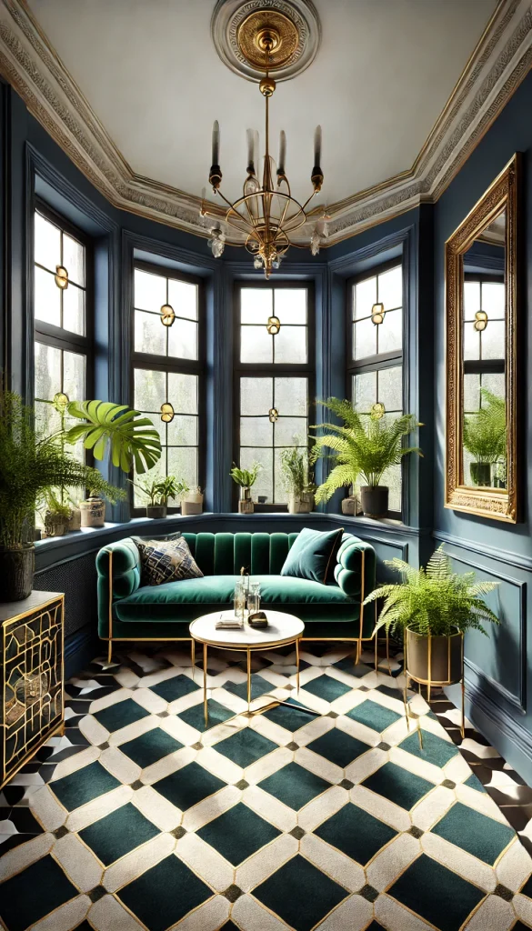 A small sunroom with an art deco style. The room features a velvet emerald green sofa with gold accents, a round marble coffee table with gold legs, and a geometric-patterned rug. The walls are a deep navy blue with large windows framed in gold. An elegant chandelier hangs from the ceiling, and several potted ferns add a touch of greenery. A framed art deco mirror and a few gold-framed artworks enhance the luxurious feel.