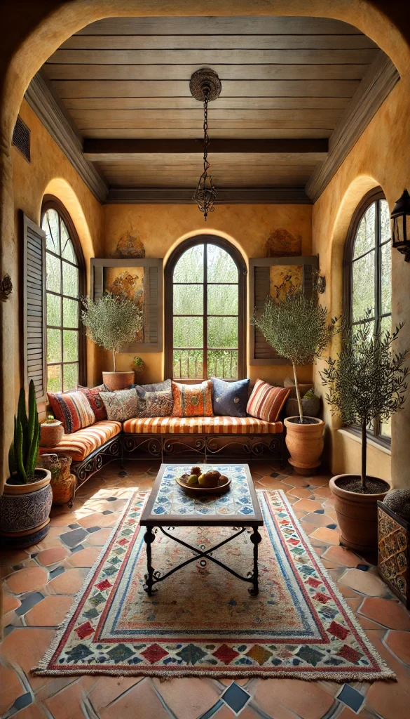 A small sunroom with a Mediterranean style. The room features terracotta tiled flooring, a wrought iron bench with colorful cushions, and a wooden coffee table with mosaic tiles. The walls are painted a warm, sandy beige with arched windows framed with wooden shutters. Potted olive trees and a large ceramic vase with dried flowers add to the Mediterranean feel. A woven rug and a few lanterns complete the cozy atmosphere.