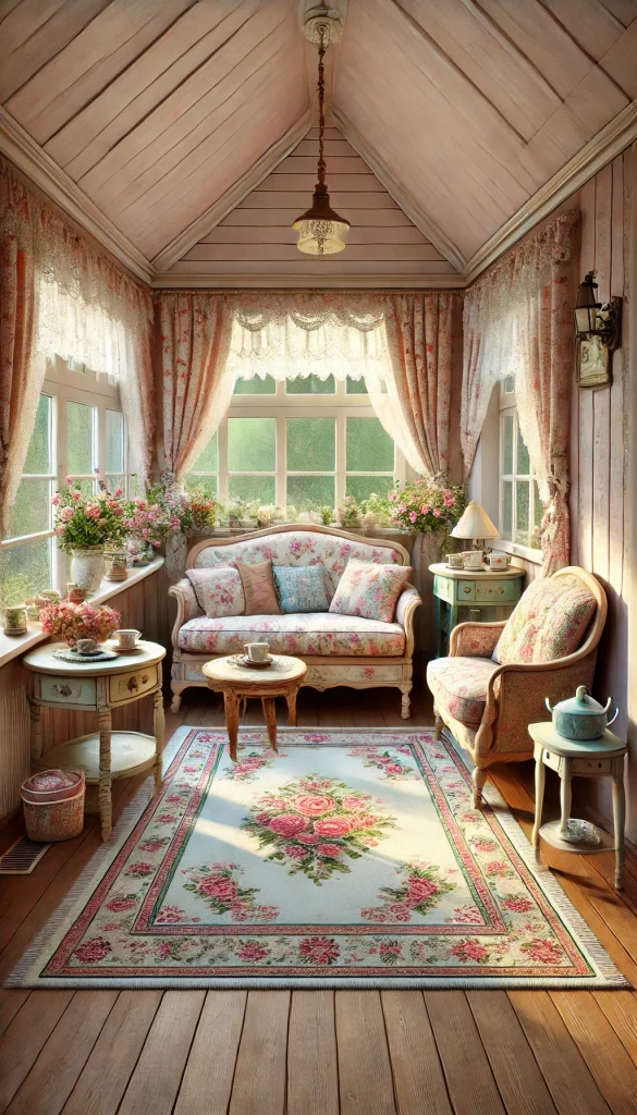 A small sunroom with a cottagecore theme. The room has a cozy, rustic feel with a floral-patterned loveseat, a vintage wooden coffee table with a lace table runner, and a small side table with a teapot and cups. The walls are painted a soft pastel pink with large windows draped with floral curtains. The floor is wooden with a floral area rug, and a few potted flowers add charm and color to the room.