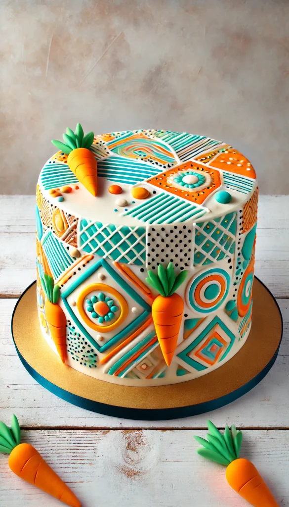 A whimsical and artistic carrot cake decorated with colorful geometric patterns. The cake is frosted with a smooth layer of cream cheese, and the top and sides are adorned with hand-painted shapes and patterns in bright colors like orange, teal, and yellow. There are also a few fondant carrots placed asymmetrically on the cake, adding to its playful design. The background is a simple, light-colored setting that enhances the cake's bold, creative appearance.