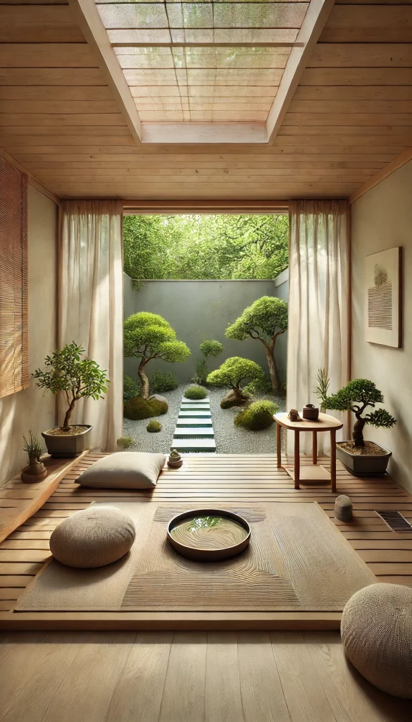 A small sunroom with a zen garden theme. The room features a low wooden platform with soft floor cushions, a small bamboo water fountain, and a sand zen garden tray on a minimalistic wooden table. Large windows with thin, sheer curtains allow gentle natural light to enter. The walls are painted a light earthy tone, and several bonsai trees are placed around the room for a calming, meditative atmosphere.
