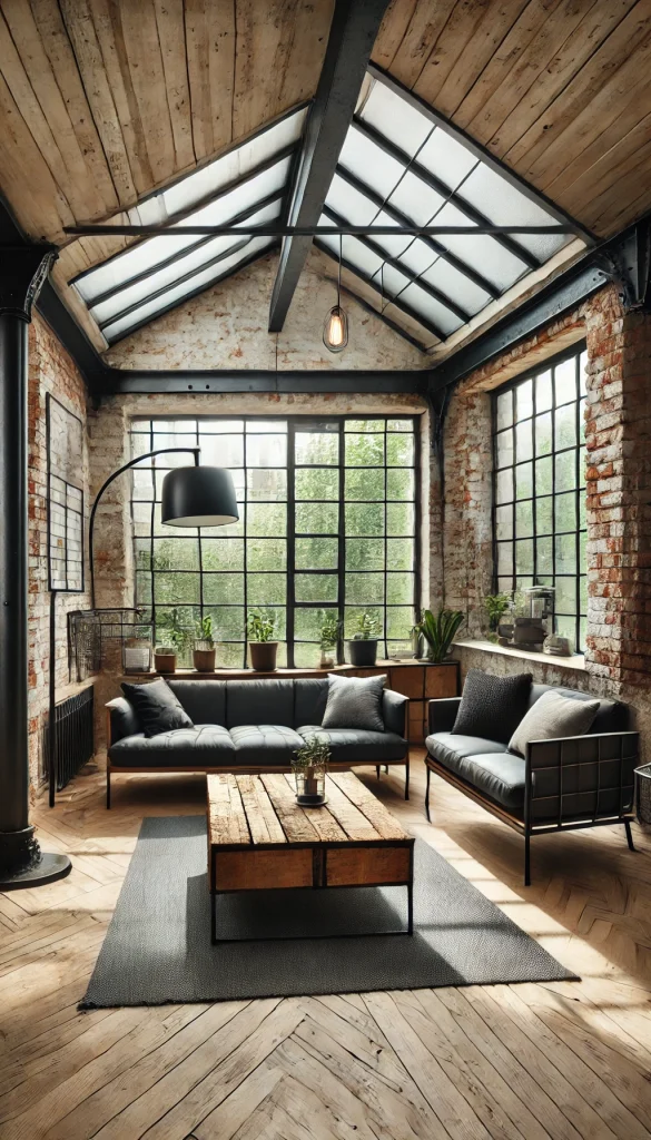 A small sunroom with an industrial style. The room features exposed brick walls, a black metal-framed sofa with dark grey cushions, and a reclaimed wood coffee table with metal legs. Large windows with black metal frames allow natural light to flood in. A floor lamp with a metal base and an Edison bulb hangs over a modern armchair, and a few potted plants bring a touch of greenery to the space.