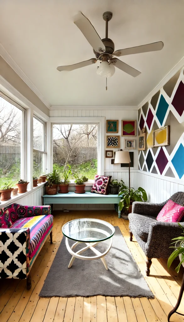 A small sunroom with an eclectic style. The room is filled with a mix of colorful and patterned furniture, including a patchwork armchair, a round glass coffee table, and a vintage lamp. The walls are painted white with a bold accent wall featuring a geometric pattern. Large windows let in natural light, and various houseplants are scattered throughout the room. A quirky gallery wall of mismatched frames adds a unique touch.