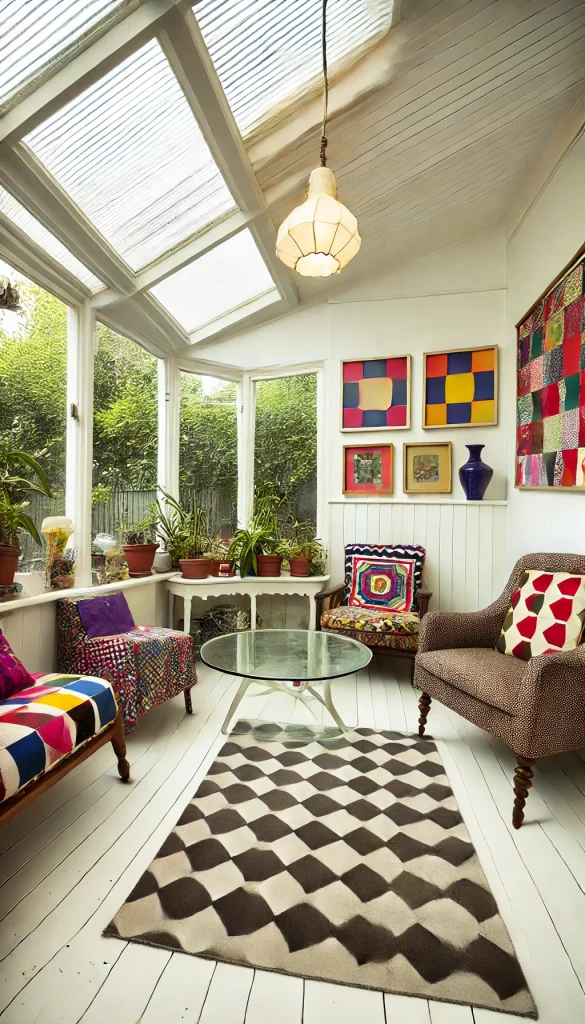A small sunroom with an eclectic style. The room is filled with a mix of colorful and patterned furniture, including a patchwork armchair, a round glass coffee table, and a vintage lamp. The walls are painted white with a bold accent wall featuring a geometric pattern. Large windows let in natural light, and various houseplants are scattered throughout the room. A quirky gallery wall of mismatched frames adds a unique touch.