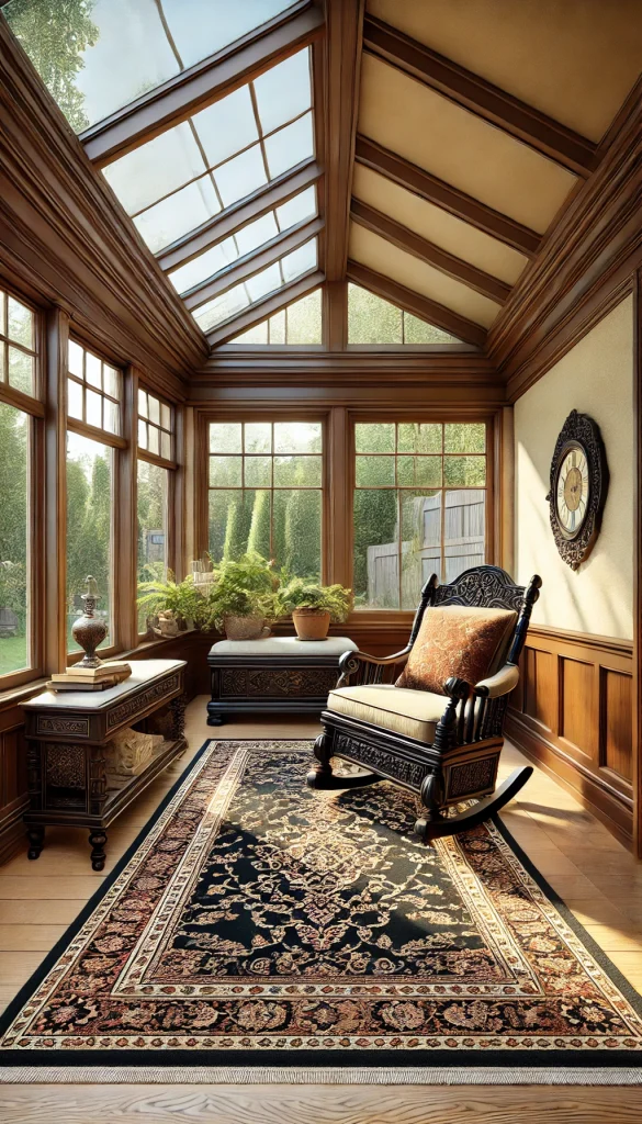 A small sunroom with a traditional style. The room features a classic dark wood rocking chair with a cushioned seat, a vintage-style coffee table with intricate carvings, and a traditional patterned rug on the floor. The walls are painted in a warm beige color, and large windows with dark wood frames bring in natural light. A few potted plants and an antique clock on the wall add a timeless charm to the space.