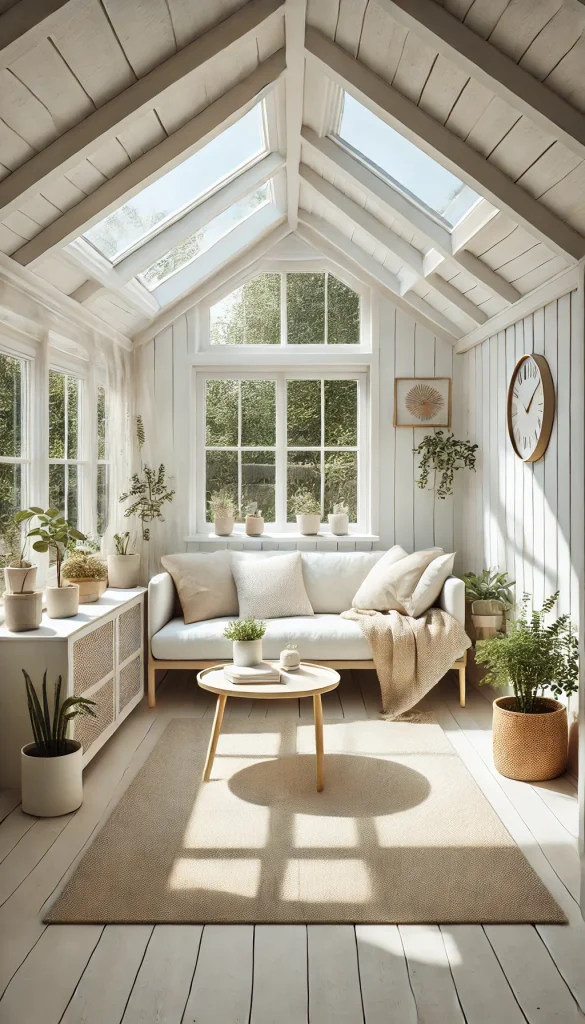 A small sunroom with a Scandinavian design. The room has a light and airy feel with a neutral color palette of white, beige, and light wood tones. It features a simple white sofa with beige cushions, a round light wood coffee table, and several potted plants. The walls are white with large windows that allow plenty of natural light to enter. A minimalistic wall clock and a soft beige area rug complete the serene and modern look.