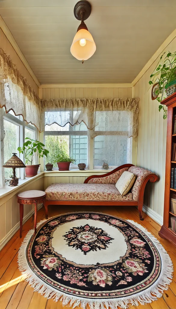 A small sunroom with a vintage style. The room features an antique chaise lounge with a floral patterned fabric, a wooden side table with a vintage lamp, and a small round rug with intricate designs. The walls are painted in a soft cream color, and there are large windows with lace curtains. A few potted plants are placed around the room, adding a fresh touch to the vintage ambiance. A bookshelf filled with old books completes the look.