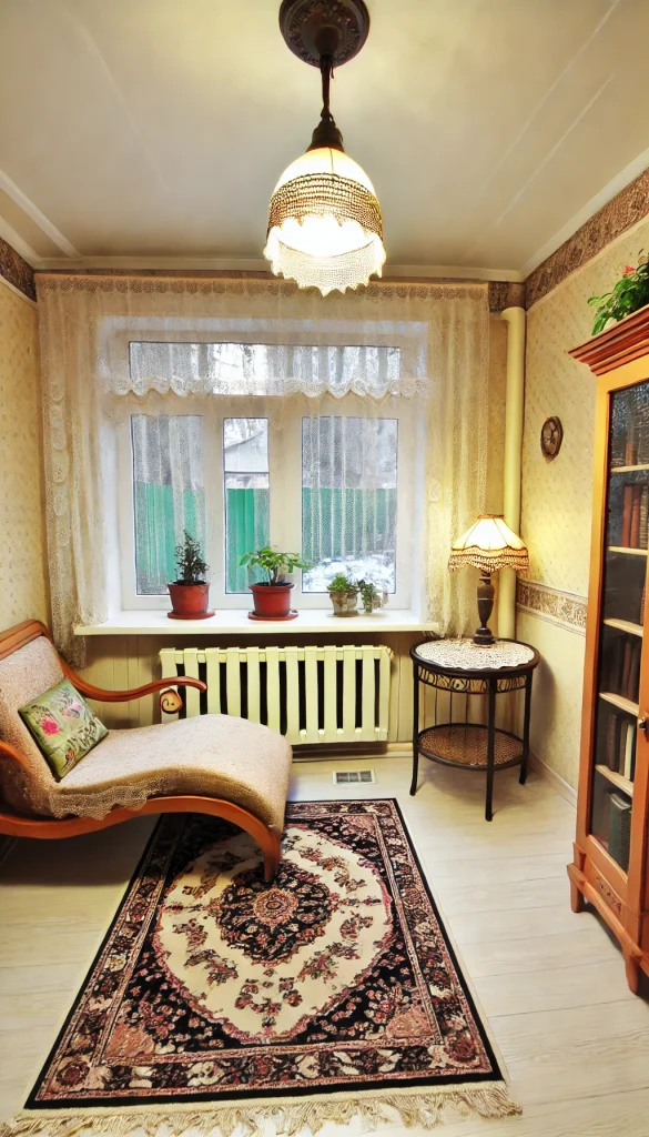 A small sunroom with a vintage style. The room features an antique chaise lounge with a floral patterned fabric, a wooden side table with a vintage lamp, and a small round rug with intricate designs. The walls are painted in a soft cream color, and there are large windows with lace curtains. A few potted plants are placed around the room, adding a fresh touch to the vintage ambiance. A bookshelf filled with old books completes the look.