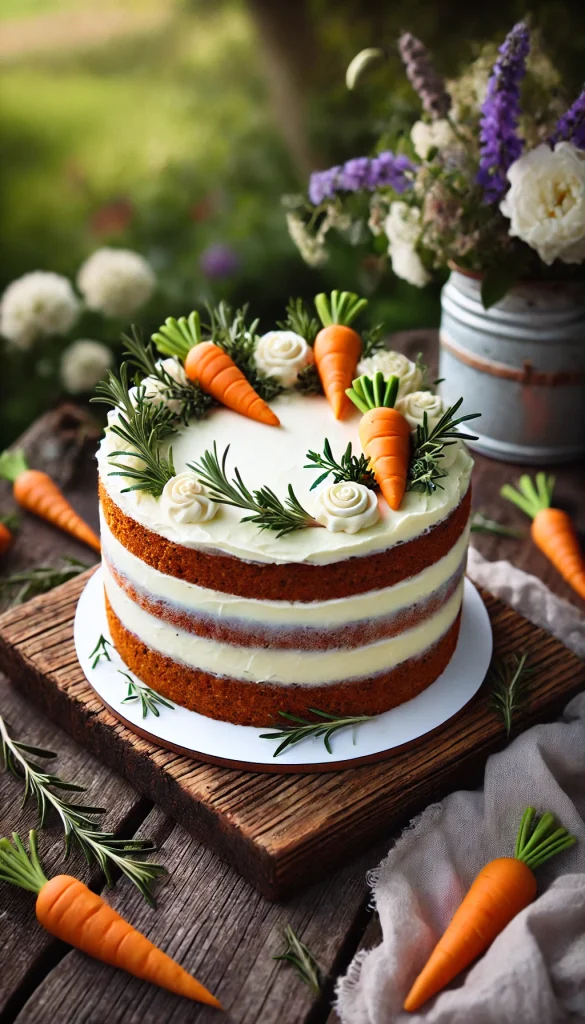 A rustic and charming carrot cake decorated with a semi-naked frosting style. The cake is lightly coated with cream cheese frosting, allowing the cake layers to peek through. The top is adorned with fresh herbs like rosemary and thyme, along with a few small carrot toppers made from marzipan. The setting is outdoors, with wooden surfaces and natural elements like leaves and flowers surrounding the cake, giving it a farm-to-table vibe.
