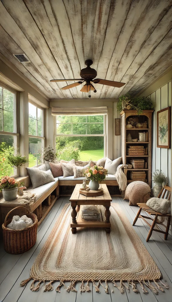 A small sunroom with a farmhouse rustic style. The room has a distressed wooden bench with a variety of throw pillows, a vintage wooden coffee table with a vase of fresh flowers, and a small bookshelf filled with books and decorative items. The walls are painted a soft pastel color, and large windows provide a view of a garden outside. The floor is covered with a braided rug, and a wooden ceiling fan adds a charming touch.
