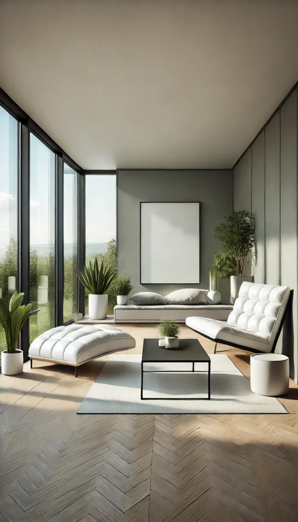 A small sunroom decorated in a modern minimalist style. The room has sleek furniture, including a white leather chaise lounge, a low black coffee table, and a few indoor plants in white pots. The walls are painted a soft grey with large floor-to-ceiling windows, allowing natural light to flood in. The flooring is light oak wood, and a simple, thin black-framed artwork hangs on one wall, adding a touch of elegance to the space.