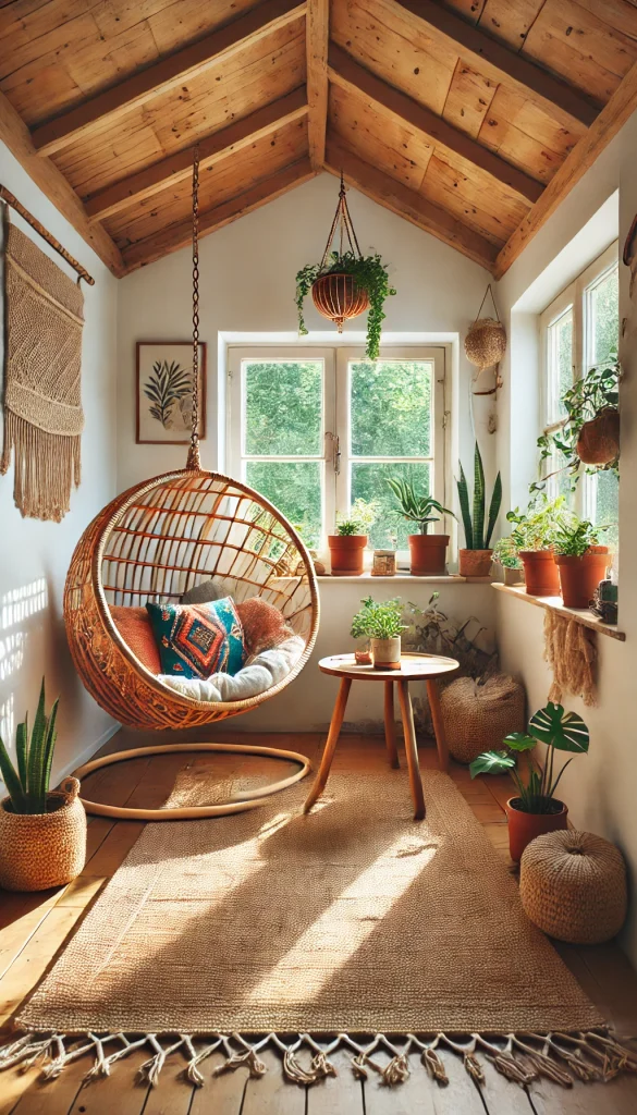 A cozy small sunroom with a bohemian style. The room features a rattan hanging chair with colorful throw pillows, a small wooden coffee table with potted plants, and a macrame wall hanging. The walls are white with large windows letting in plenty of sunlight, and the floor is covered with a woven jute rug. The ambiance is warm and inviting, perfect for relaxing and reading a book.