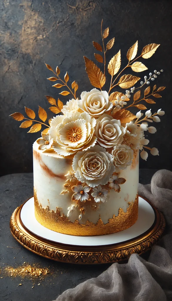 A luxurious and elegant carrot cake decorated with gold leaf accents and intricate sugar flowers. The cake is covered in a smooth, marbled cream cheese frosting with gold dusting around the edges. The top features a centerpiece of delicate, handcrafted sugar flowers in shades of white and gold, creating a stunning visual impact. The background is a sophisticated, dark setting, emphasizing the cake's opulence.