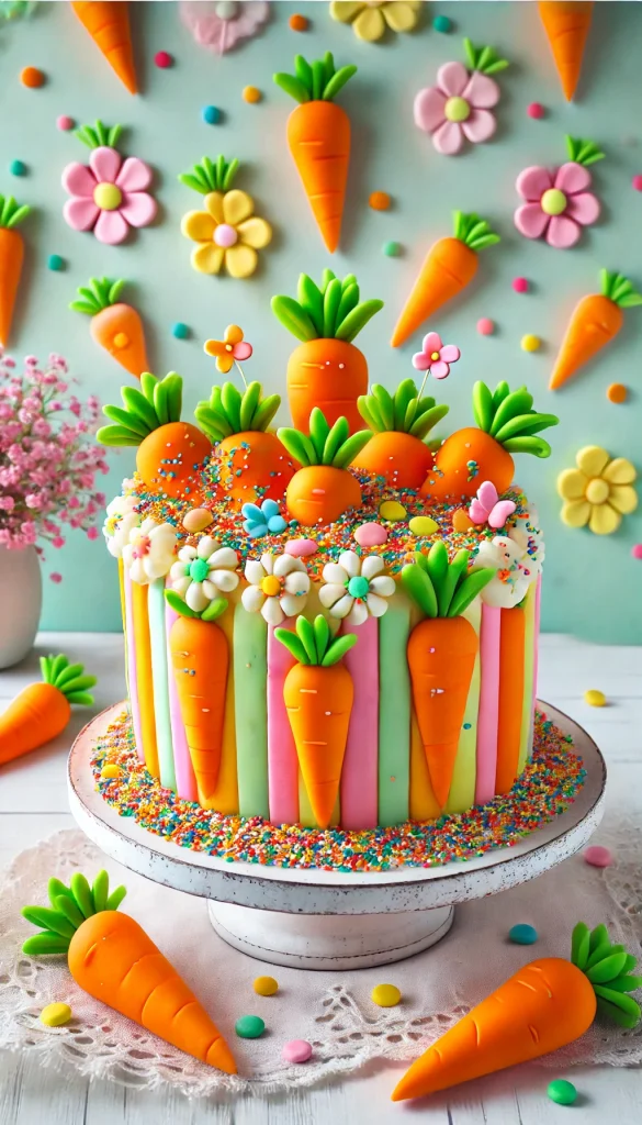 A vibrant and fun carrot cake decorated with colorful sprinkles and bright orange frosting carrots. The cake is topped with a playful arrangement of fondant carrots, along with some small, whimsical decorations like candy flowers and butterflies. The background features a cheerful, pastel-colored setting, perfect for a kid's birthday party or a spring celebration.